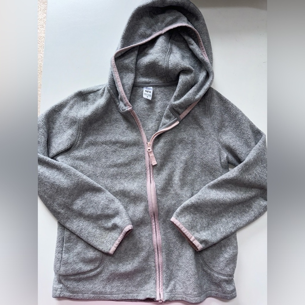 Carter’s Girls 10/12 zip up fleece hoodie gray and pink